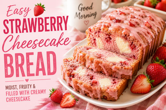 This Strawberry Cheesecake Bread is soft, moist, and packed with fresh strawberry flavor. Creamy cheesecake filling is swirled throughout the loaf for the perfect bakery-style dessert bread.