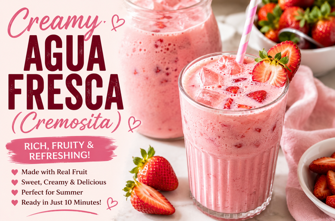 This Creamy Agua Fresca, also called Cremosita, is made with fresh fruit, sweetened condensed milk, evaporated milk, and ice for a rich, refreshing Mexican-inspired drink perfect for summer.