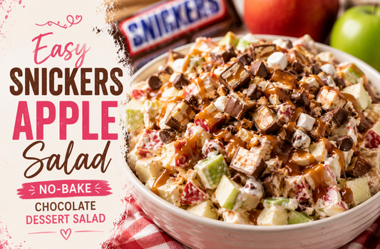 This Snickers Apple Salad is loaded with crisp apples, chopped Snickers bars, whipped topping, caramel, and pudding for the ultimate no-bake dessert.
