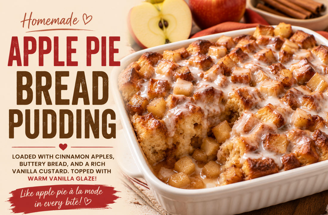 This Apple Pie Bread Pudding is made with buttery brioche bread, cinnamon apples, rich vanilla custard, and topped with warm vanilla glaze. An easy comfort dessert perfect for fall, Thanksgiving, and holidays.