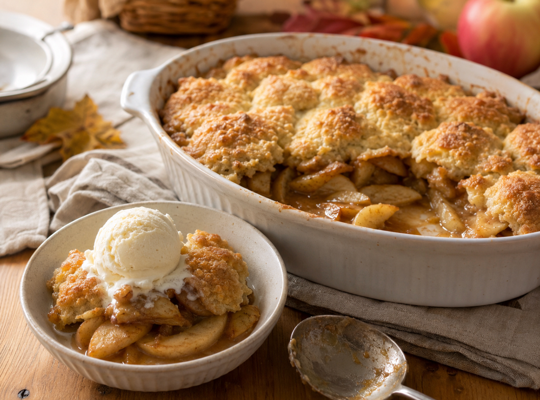 Make this easy apple cobbler recipe with fresh cinnamon-spiced apples and a soft, buttery golden topping. Serve warm with vanilla ice cream.