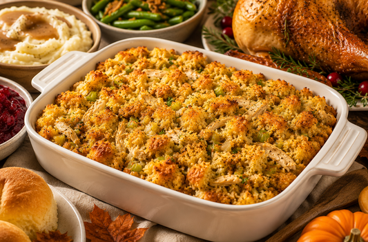 This Southern Chicken Dressing recipe is made with tender shredded chicken, cornbread, herbs, and savory seasonings baked until golden brown. Perfect for holidays and Sunday dinners.