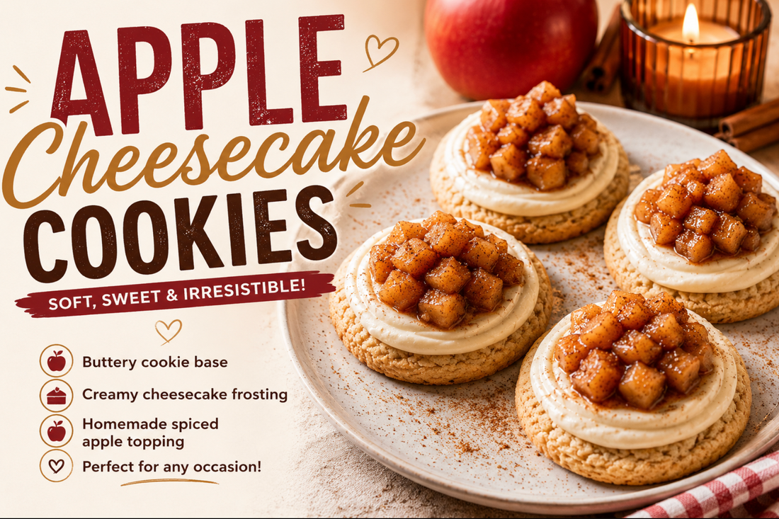 These Apple Cheesecake Cookies feature soft brown sugar cookies topped with creamy cheesecake frosting and sweet apple filling. The perfect fall dessert recipe for holidays and gatherings.