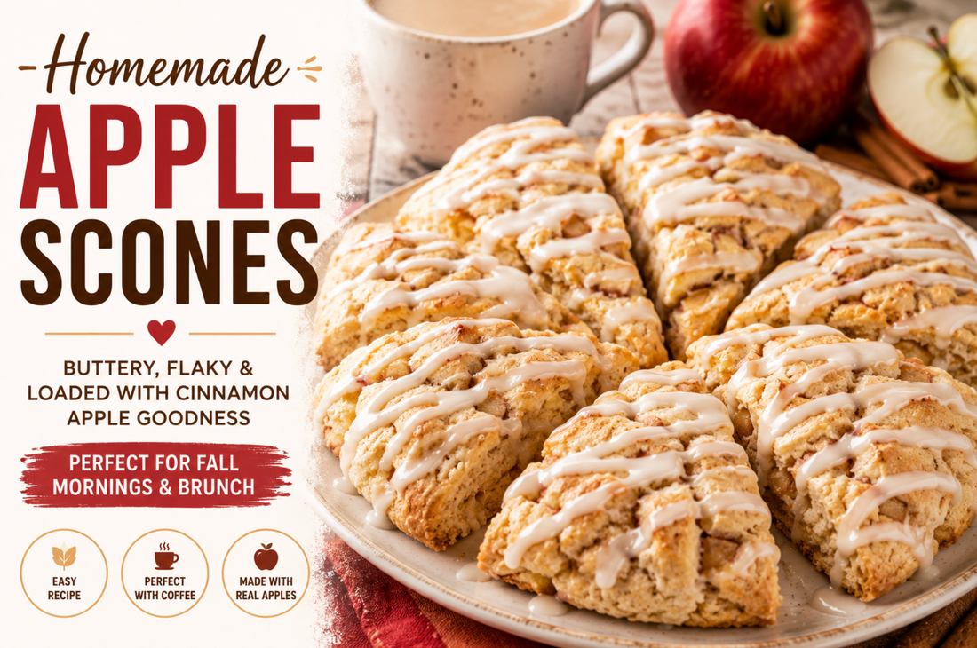 These buttery Apple Scones are filled with fresh cinnamon apples and finished with a sweet vanilla glaze. An easy bakery-style breakfast recipe perfect for fall mornings, brunch, and coffee.