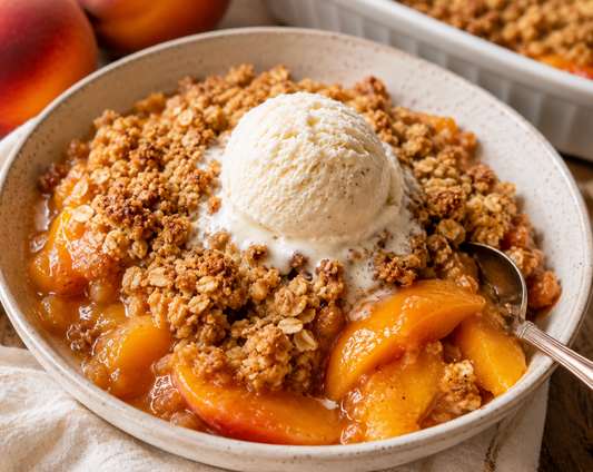This easy Peach Crisp recipe is made with juicy peaches, warm cinnamon, and a buttery oat crumble topping. The perfect summer dessert served warm with vanilla ice cream.