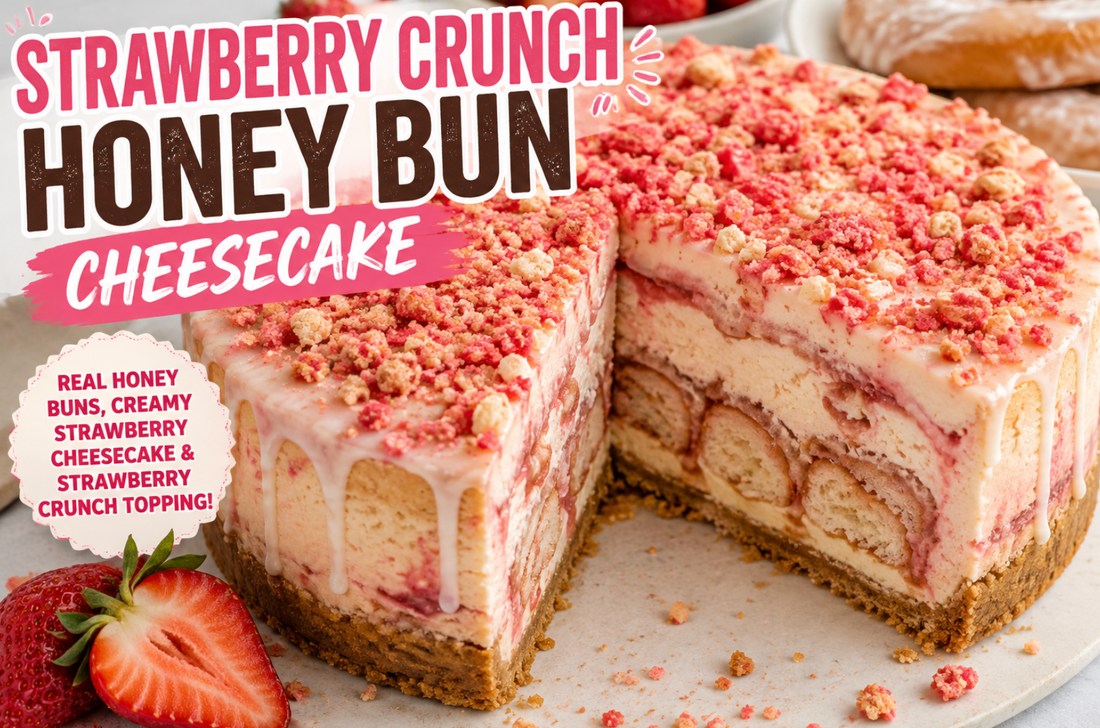 Strawberry Crunch Honey Bun Cheesecake Recipe | Creamy Cheese Cake Dessert