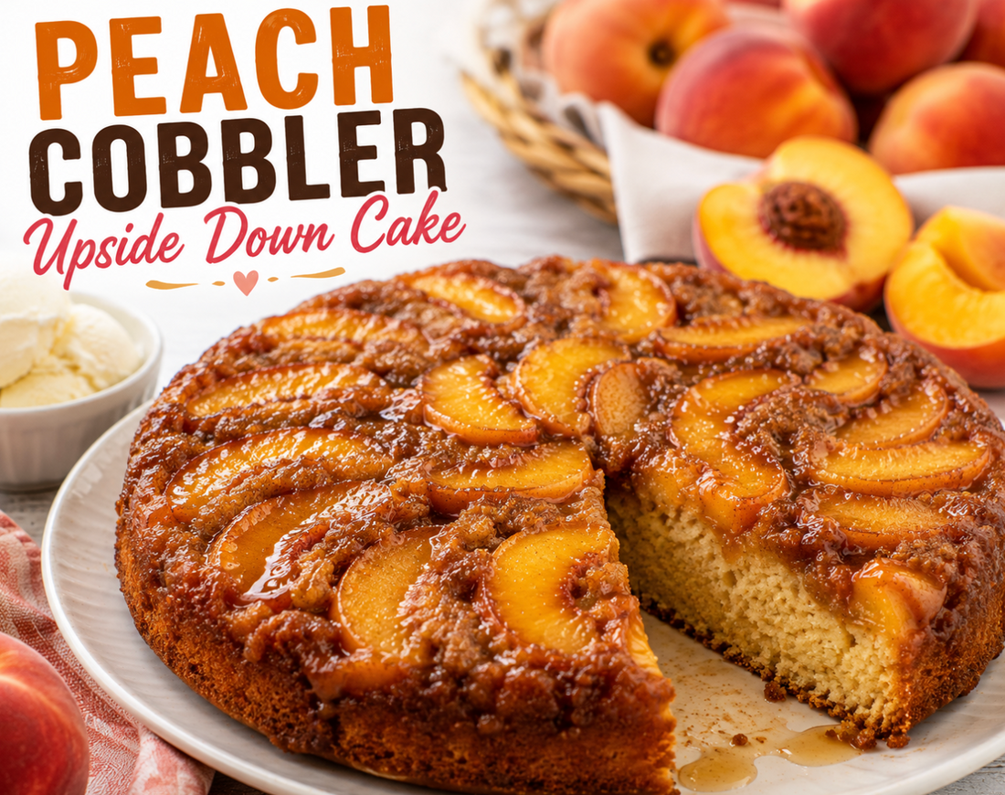 Peach Cobbler Upside Down Cake Recipe (Easy Moist Fall Dessert)