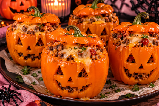 Make easy Jack-O'-Lantern Stuffed Peppers with ground beef, rice, and cheese. A fun Halloween dinner recipe the whole family will love!