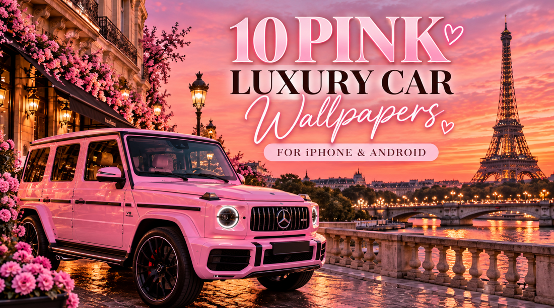 Pink Mercedes-Benz G-Wagon parked along a Paris street at sunset with the Eiffel Tower in the background, pink flowers, and text reading “10 Pink Luxury Car Wallpapers for iPhone & Android.”