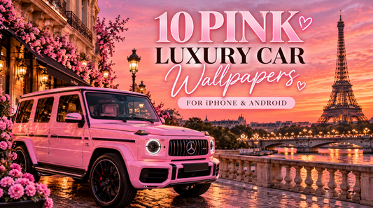Pink Mercedes-Benz G-Wagon parked along a Paris street at sunset with the Eiffel Tower in the background, pink flowers, and text reading “10 Pink Luxury Car Wallpapers for iPhone & Android.”