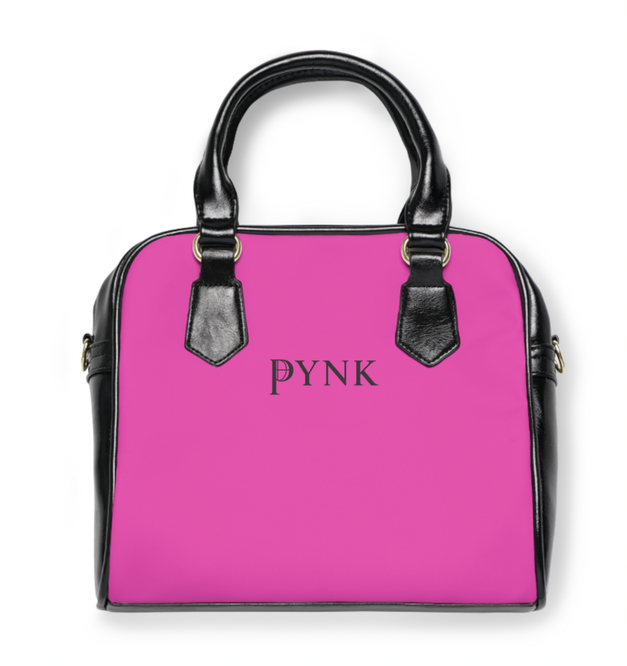 Pink handbag with black handles and accents on a white background
