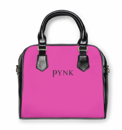 Pink handbag with black handles and accents on a white background